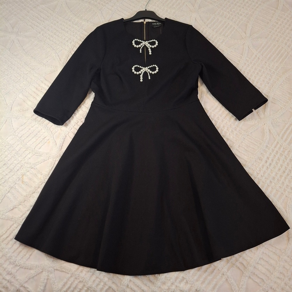 Kate Spade Womens Medium Pearl Bow Ponte Dress Black Fit Flare Pockets NWT